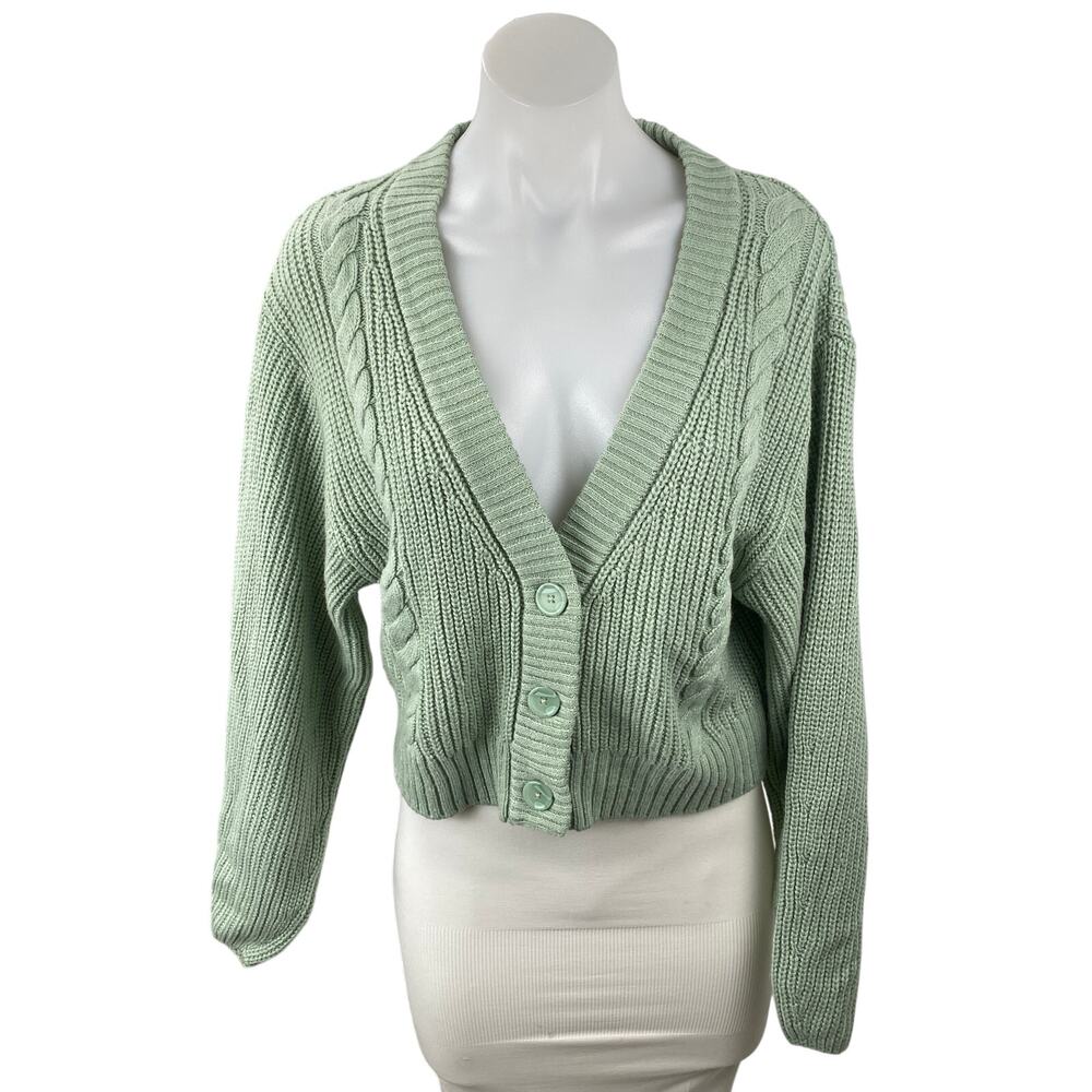 H&M Women's Green Cable Knit Ribbed V Neck Button Up Cardigan Sweater Top Size S